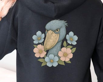 Vintage Floral Shoebill Stork Gildan Hoodie, Bird Lover Gift, Full Zip Sweatshirt, Unisex Hooded Jacket, Nature Inspired Outerwear