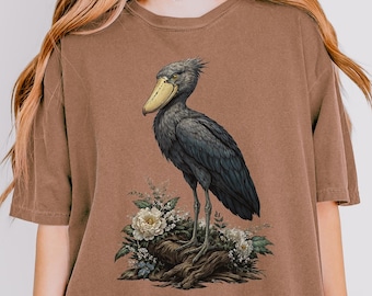 Moody Shoebill Standing on Rock Flowers T-Shirt | Shoebill Birdwatching Shirt