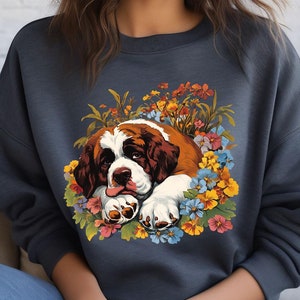 St. Bernard Surrounded by Flowers Sweatshirt, Cozy Floral Dog Lover Sweater, Women&#39;s Gildan Sweatshirt, St. Bernard Lover Gift, Dog Mom Gift