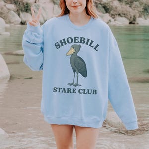 Shoebill Stare Club Sweatshirt, Funny Bird Lover Crewneck, Quirky Shoebill Shirt Light Blue