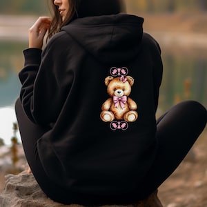 Przytulna bluza z kapturem "Teddy Bear" dla kobiet, miękka i estetyczna bluza, słodka bluza z kapturem "Teddy Bear", dziewczęca bluza z kapturem, prezent dla niej Black