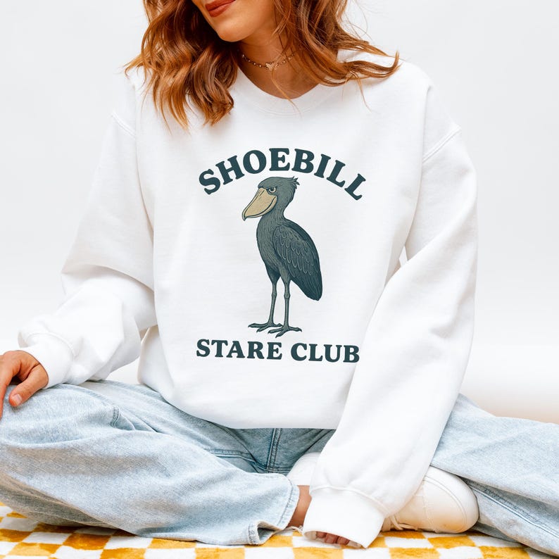 Shoebill Stare Club Sweatshirt, Funny Bird Lover Crewneck, Quirky Shoebill Shirt White