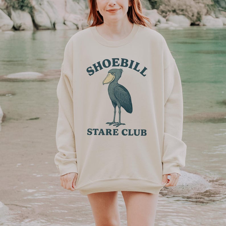 Shoebill Stare Club Sweatshirt, Funny Bird Lover Crewneck, Quirky Shoebill Shirt Sand