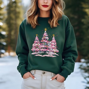 Pretty in Pink Christmas Trees Sweatshirt, Women&#39;s Gildan Sweatshirt, Cute Christmas Pullover, Christmas Gift, Cozy Christmas Sweatshirt
