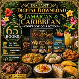 Op de afbeelding: Een digitale kookboekencollectie met 65 boeken over de Jamaicaanse en Caribische keuken. De afbeelding toont tekst, tropische bloemen en foto's van diverse gerechten zoals jerk chicken, dumplings, curry en desserts op een donkere achtergrond.
