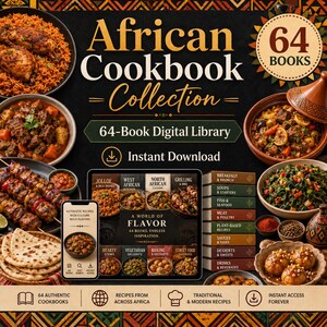 May include: A digital collection of 64 African cookbooks featuring various dishes like jollof rice, stews, and grilled meats. The display includes a tablet showing book covers, a stack of categorized recipe books, and bowls of food on a dark background.