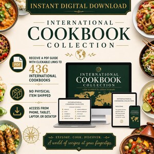 Può includere: Una pubblicità di prodotto digitale per una collezione internazionale di 436 libri di cucina. L'immagine mostra un monitor di computer, un tablet e uno smartphone che visualizzano la collezione, circondati da vari piatti e icone.