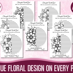 May include: A set of journal pages with floral illustrations and the text "Thoughts With God." Each page has a unique black and white floral design, lined space for writing, and a Bible verse. The cover reads "40 Pages."