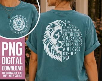 Black and White Lion PNG Bundle | Joshua 1:9 Bible Verse Sublimation & DTF Design | Be Strong Courageous Christian Shirt Pocket and Back