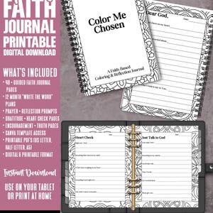 May include: A digital Teen Faith Journal download, featuring the text "Color Me Chosen". The journal includes guided pages, prayer prompts, and gratitude sections. Designed for tablet use or home printing. Includes A5 and US Letter formats.