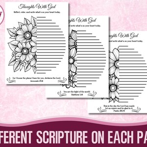 May include: Three white coloring pages with floral designs and the text "Thoughts With God." Each page has a different Bible verse and space for writing. The pages are arranged on a pink background with the text "DIFFERENT SCRIPTURE ON EACH PAGE."