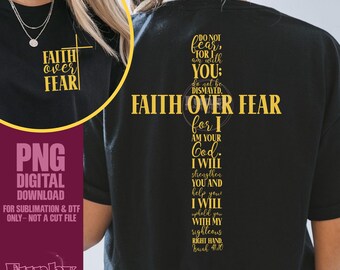 Jaune Foi sur la peur PNG | Esaïe 41:10 Sublimation chrétienne et design DTF | Verset biblique croix de chemise avec poche et dos