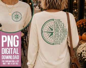 Green Compass PNG | Jeremiah 29:11 Bible Verse Sublimation & DTF Design | For I Know The Plans Christian Shirt Pocket and Back