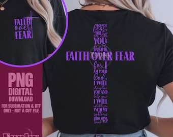 Violet Foi sur la peur PNG | Esaïe 41:10 Sublimation chrétienne et design DTF | Verset biblique croix de chemise avec poche et dos