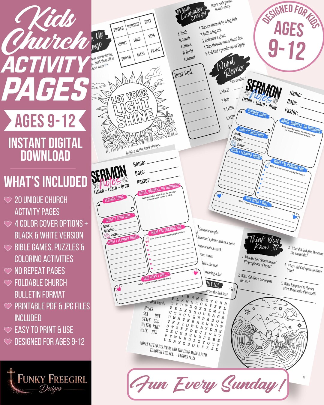 Kids Church Activity Pages Printable Ages 9 - 12 Christian Bulletin