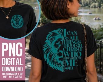 Blue Lion PNG | Philippians 4:13 Bible Verse Sublimation & DTF Design | I Can Do All Things Through Christ Christian Shirt Pocket and Back