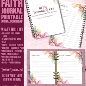 May include: A digital download Teen Faith Journal with a spiral binding. The journal includes guided pages, prayer prompts, and gratitude sections. The cover reads "In My Becoming Era" with floral accents. The journal is designed to help you grow in faith, confidence, and identity in Christ.