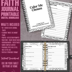 May include: A digital download of a Teen Faith Journal with the text "Color Me Chosen". The journal includes guided pages, prayer prompts, and gratitude sections. The design is black and white with floral border elements.