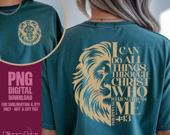 Tan Lion PNG | Werset biblijny z Listu do Filipian 4:13 w sublimacji i projekt DTF | Koszulka chrześcijańska z kieszenią z tyłu