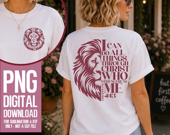Red Lion PNG | Philippians 4:13 Bible Verse Sublimation & DTF Design | I Can Do All Things Through Christ Christian Shirt Pocket and Back