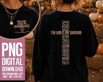 Gold Psalm 23 The Lord Is My Shepherd PNG | Christian Sublimation & DTF Design | Bible Verse Cross Shirt Pocket and Back