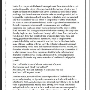 May include: A page from a book titled "Chapter 3" with text discussing the science of the occult and the importance of self-control in spiritual development. The text mentions the psychic, intellectual, and physical aspects of human beings and how they relate to spiritual growth.