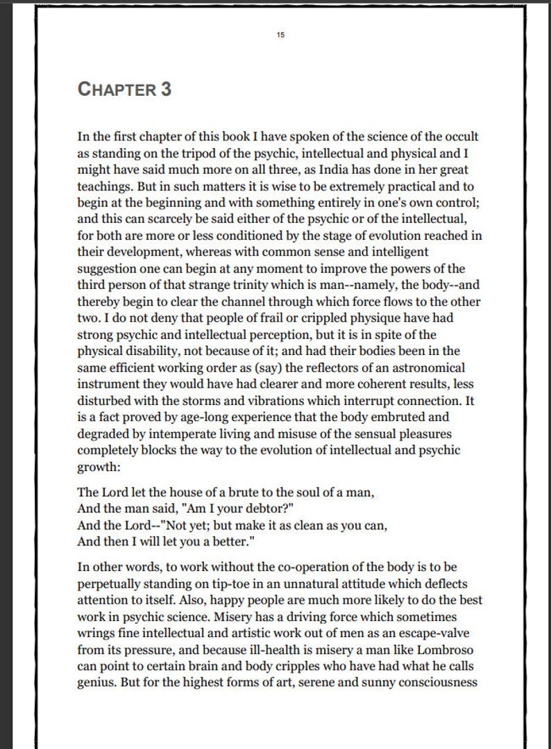 May include: A page from a book titled "Chapter 3" with text discussing the science of the occult and the importance of self-control in spiritual development. The text mentions the psychic, intellectual, and physical aspects of human beings and how they relate to spiritual growth.