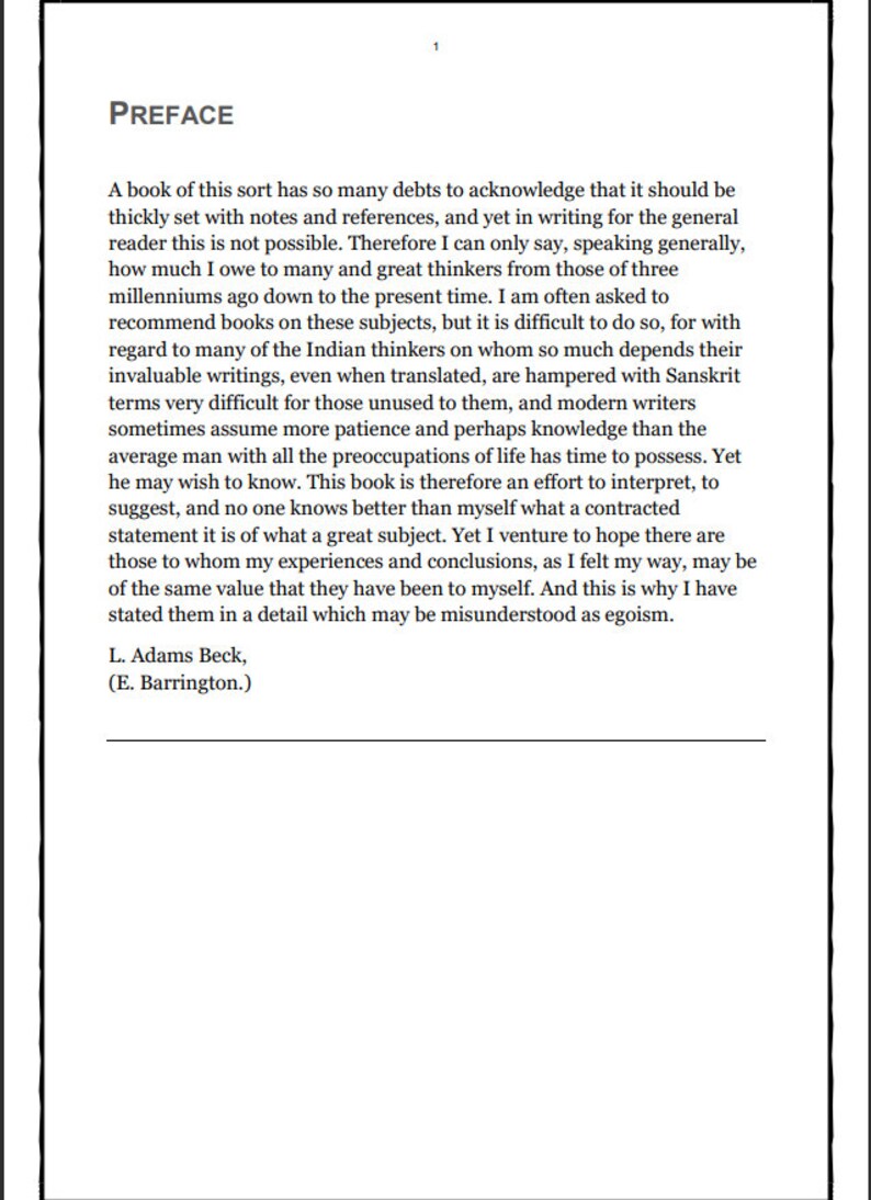 May include: A black and white text page with the title "Preface" and a short excerpt from a book about Indian thinkers. The text discusses the challenges of writing about Indian thinkers and the importance of their work.
