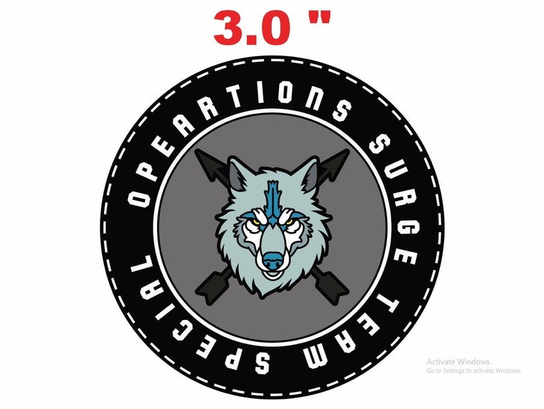 May include: Black and white circular patch with the text "SPECIAL SURGE TEAM OPERATIONS" in a circle around a gray wolf head with blue eyes and crossed arrows. The text "3.0" is above the patch.