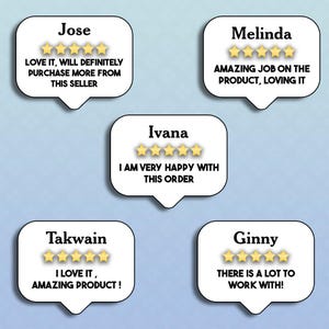 May include: Image of customer reviews with five speech bubbles. Each bubble contains a customer's name, a rating of five gold stars, and a short review. The reviews include phrases like "Love it" and "Amazing job."