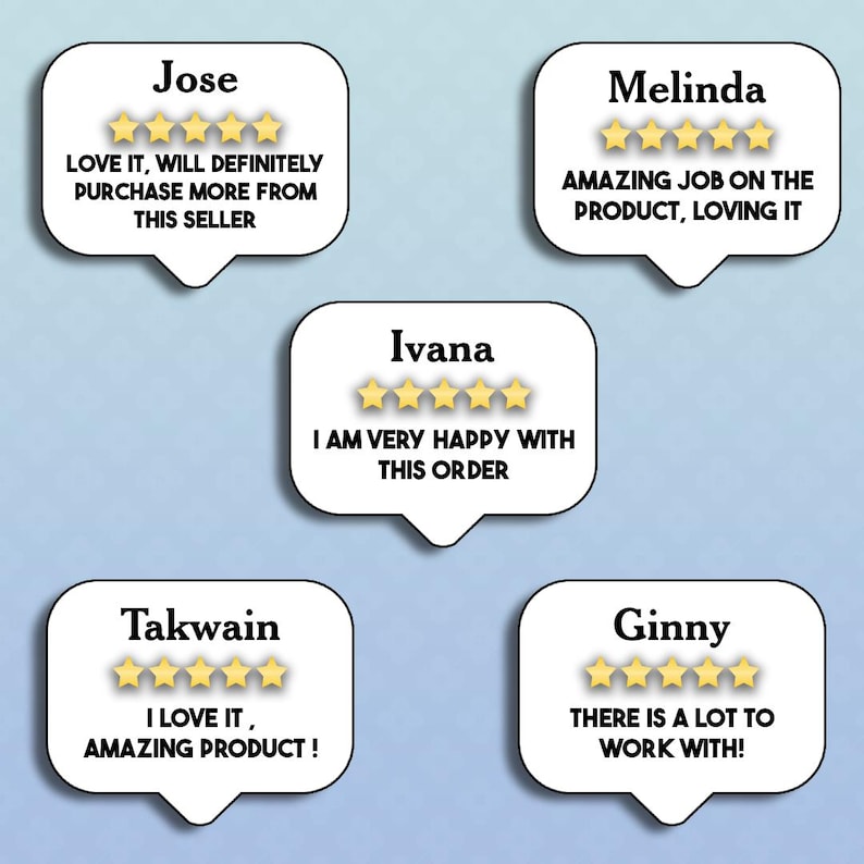 May include: Image of customer reviews with five speech bubbles. Each bubble contains a customer's name, a rating of five gold stars, and a short review. The reviews include phrases like "Love it" and "Amazing job."