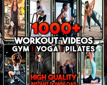 May include: A collage of images showcasing different types of workout videos, including gym, yoga, and pilates. The text "1000+ WORKOUT VIDEOS GYM | YOGA | PILATES HIGH QUALITY INSTANT DOWNLOAD" is displayed on the image.