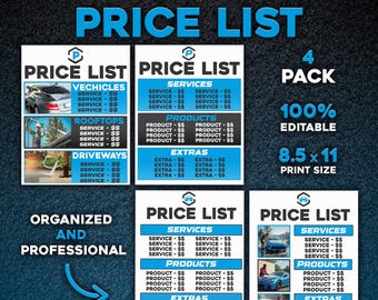 Pressure Washing Pricing List Template – Gutter, Window, Roof Power Washing Bundle, Car Wash, Driveway, Exterior Cleaning Services Printable