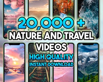 May include: A collection of eight smartphones displaying nature and travel videos. The text overlay reads "20,000+ NATURE AND TRAVEL VIDEOS HIGH QUALITY INSTANT DOWNLOAD". Each phone shows a different scenic landscape.