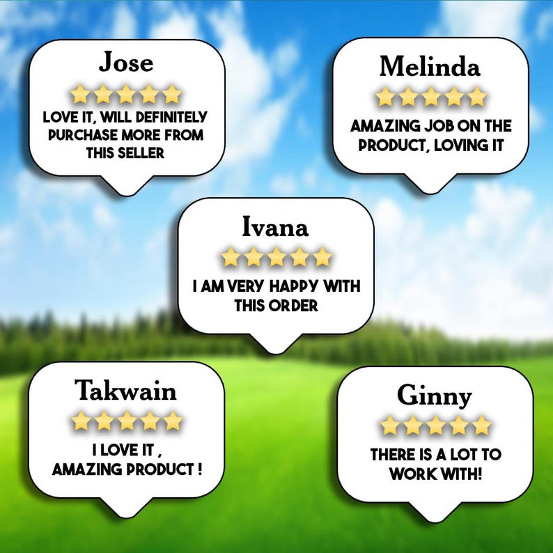 May include: Five white speech bubbles with black outlines and gold stars. Each bubble contains a customer review with a name, a star rating, and a comment. The reviews are positive and express satisfaction with the product or service.