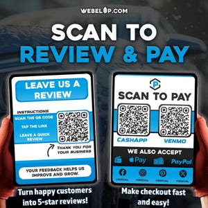 Pode incluir: Um gráfico promocional com o texto "ESCANEAR PARA REVER E PAGAR". Apresenta dois ecrãs digitais. Um diz "DEIXE-NOS UMA AVALIAÇÃO" e o outro diz "ESCANEAR PARA PAGAR". O gráfico inclui códigos QR para digitalização e opções de pagamento.