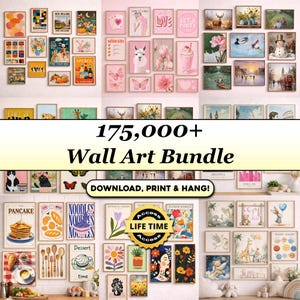 May include: A collection of framed wall art prints in various sizes and styles. The image includes botanical, food, and abstract designs, with text that reads "175,000+ Wall Art Bundle" and "Download, Print & Hang!"