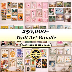 Peut inclure: Une collection numérique de plus de 250 000 impressions d'art mural présentant diverses illustrations, notamment de la nourriture, des animaux, des fleurs, des paysages et de la typographie. L'ensemble comprend des styles variés en collage.