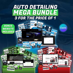 May include: An advertisement for an auto detailing mega bundle, with the text "AUTO DETAILING MEGA BUNDLE 3 FOR THE PRICE OF 1". The image includes mockups of websites, price lists, and QR codes, with the text "BONUS WEBSITE INCLUDED".