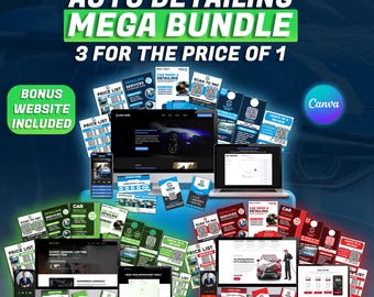3 in 1 Auto Detailing Mega Brand Kit, Cleaning Service Booking Website, Flyers, Car Wash Door Hangers, Price List, Loyalty & Business Cards