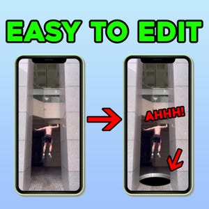 May include: Image showing a before-and-after comparison on a smartphone screen. The first image shows a person jumping. The second image shows the person falling into a black hole with the text "AHHH!". The text "EASY TO EDIT" is at the top.
