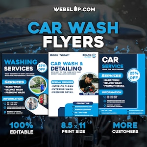 May include: A promotional graphic for car wash services, featuring three flyers with blue and white designs. The flyers advertise washing, detailing, and car service options, with a 25% off promotion. The flyers are 21.59 x 27.94 cm and are 100% editable.