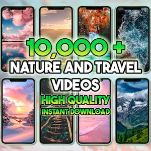 Puede incluir: Un collage de seis imágenes que muestran videos de naturaleza y viajes. El texto "10,000+ NATURE AND TRAVEL VIDEOS HIGH QUALITY INSTANT DOWNLOAD" se muestra en letras verdes sobre un fondo blanco.