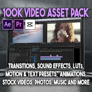 Peut inclure: Un écran d'ordinateur portable affichant une interface logicielle de montage vidéo avec le texte "100K VIDEO ASSET PACK" et des icônes pour Adobe After Effects, Adobe Premiere Pro et Final Cut Pro. Le texte "TRANSITIONS, SOUND EFFECTS, LUTS, MOTION & TEXT PRESETS, ANIMATIONS, STOCK VIDEOS, PHOTOS, MUSIC AND MORE" est affiché sous les icônes.