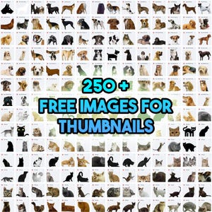 May include: A collage of over 250 free images of dogs and cats, ideal for use as thumbnails. The images are all high-quality and feature a variety of breeds and poses.