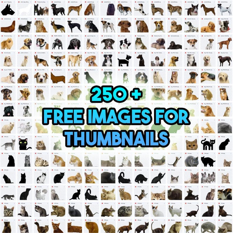 May include: A collage of over 250 free images of dogs and cats, ideal for use as thumbnails. The images are all high-quality and feature a variety of breeds and poses.