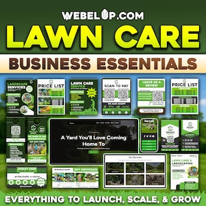 Puede incluir: Imagen promocional para los elementos esenciales de un negocio de cuidado del césped. La imagen presenta varios materiales de marketing, incluyendo listas de precios, tarjetas de servicio y un diseño de sitio web. El texto incluye "Lawn Care" y "Business Essentials."