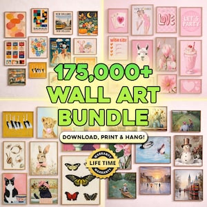 Puede incluir: Una colección de impresiones artísticas enmarcadas en varios estilos, incluyendo diseños vintage, botánicos y modernos. La imagen presenta una variedad de tamaños y temas, con el texto "175,000+ WALL ART BUNDLE".
