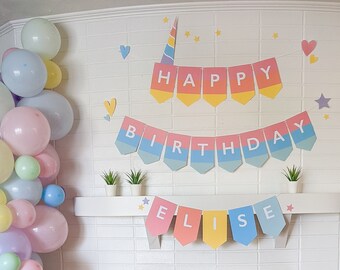 Printable rainbow unicorn banner PDF | Editable happy birthday unicorn banner | Unicorn baby shower | Cute unicorn birthday party supplies