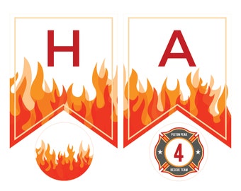 May include: Firefighter themed printable banner with the letters "HA" in red and a red circle with a firefighter emblem and the number "4" in the center. The banner is decorated with orange and red flames.